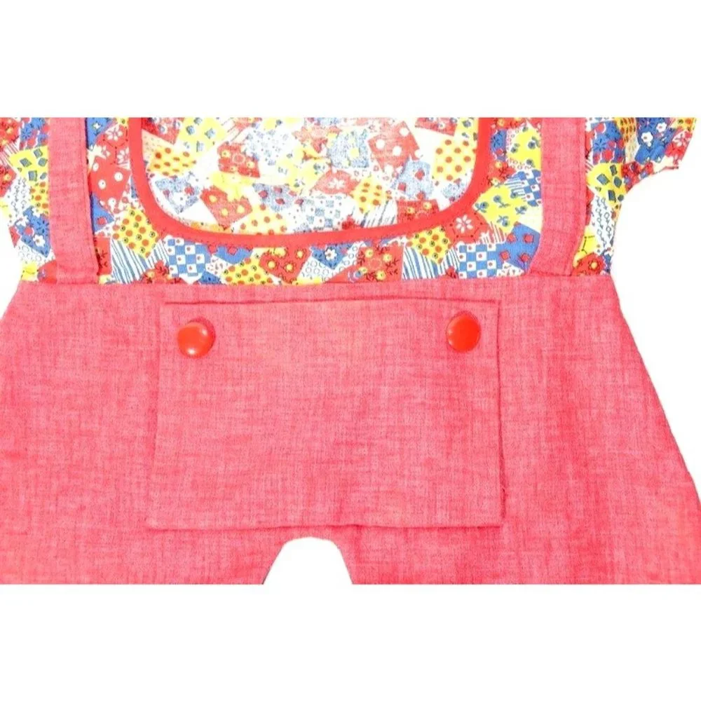 Vintage Clothespin Bag Red Floral Overalls with Calico Patchwork Style Fabric Vi